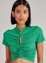 Short Sleeve Gathered Keyhole Ribbed Top