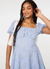 Bow Back Ditsy Puff Sleeve Playsuit