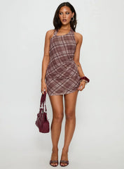 Kastles Halter Cut Out Mini Dress Brown Check