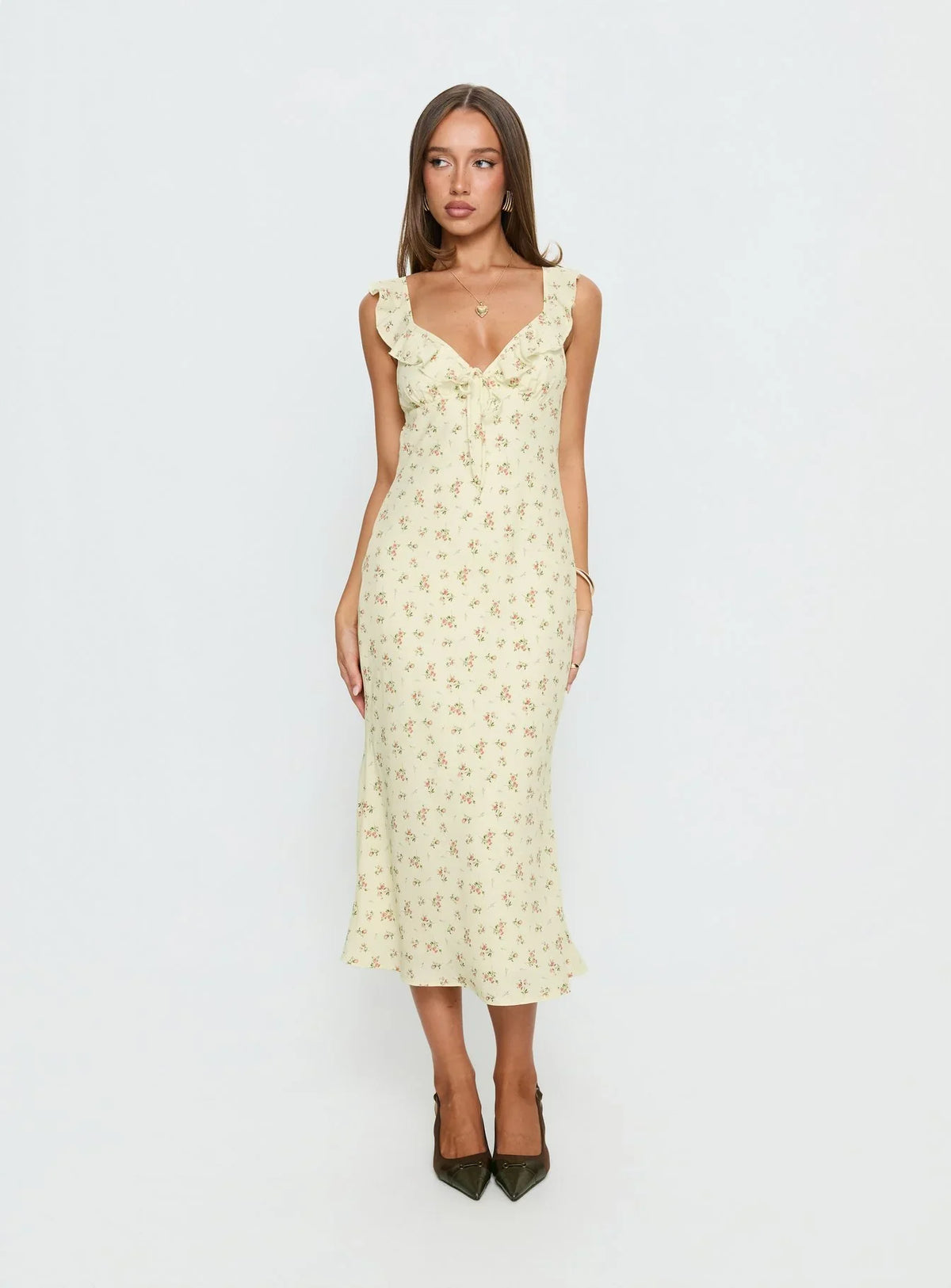 Leabelle Frill V Neck Maxi Dress Yellow Floral