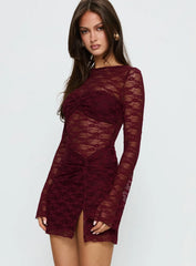Best You Had Mesh Long Sleeve Mini Dress Burgundy