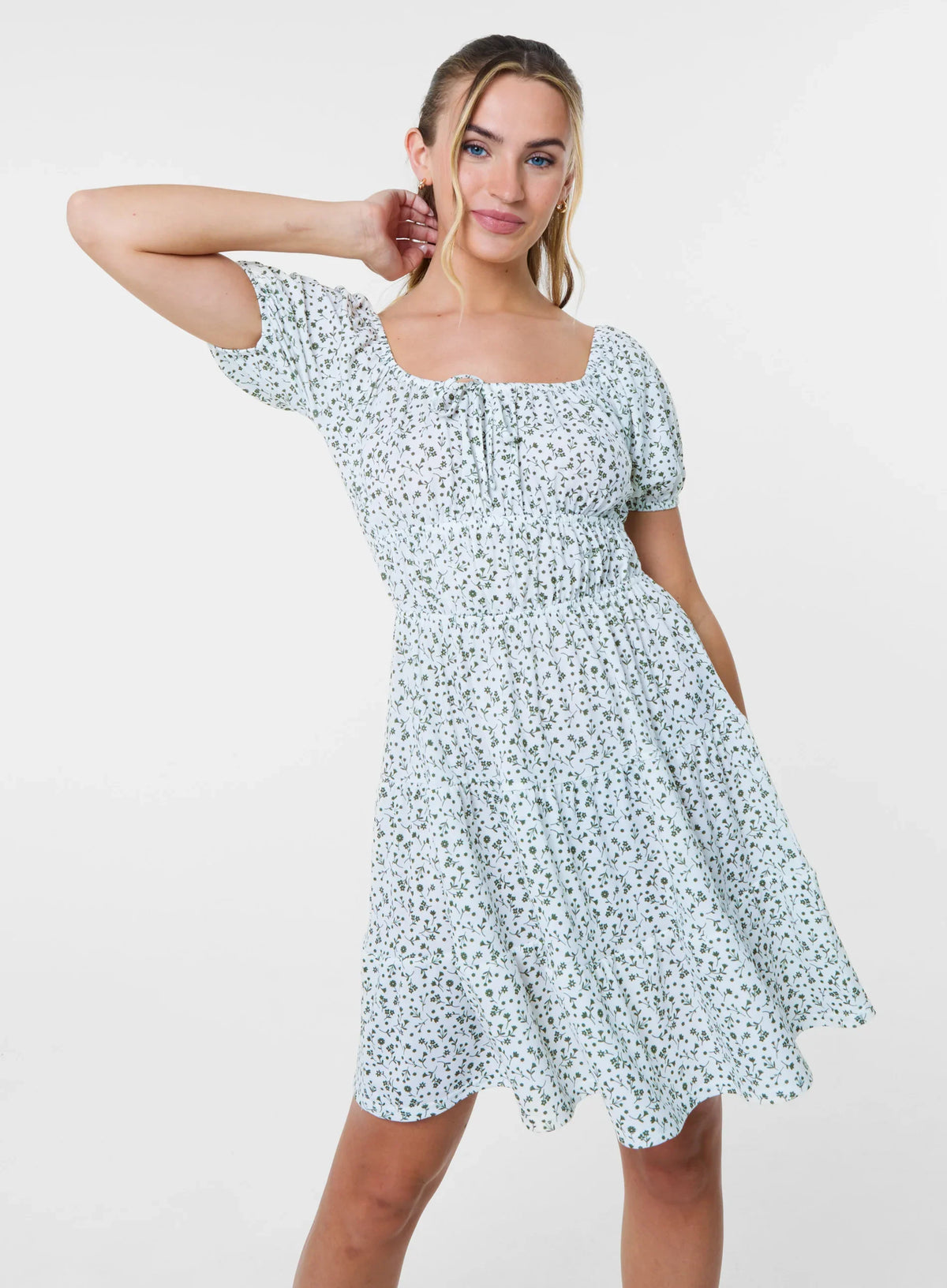 Ditsy Puff Sleeve Tiered Mini Dress