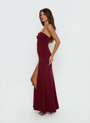 Diamanti Strapless High Slit Maxi Dress Burgundy