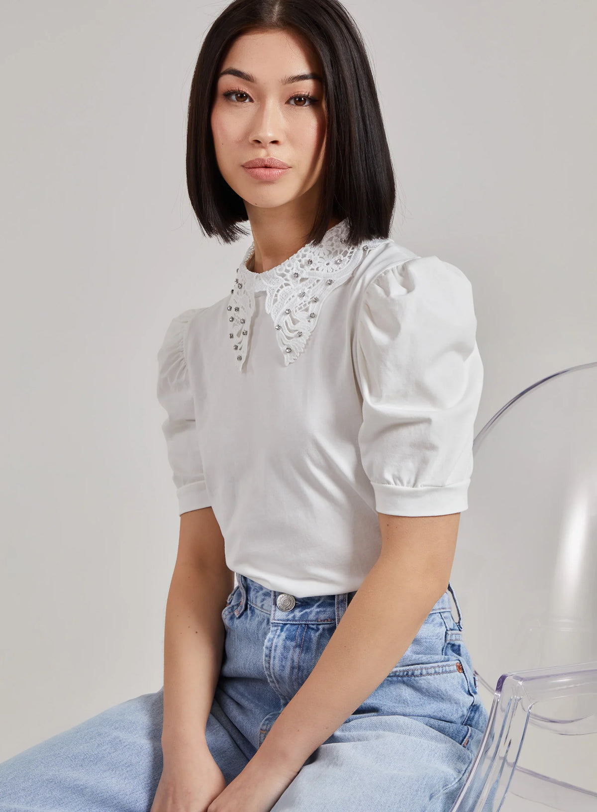 Puff Shoulder Lace Detail Top