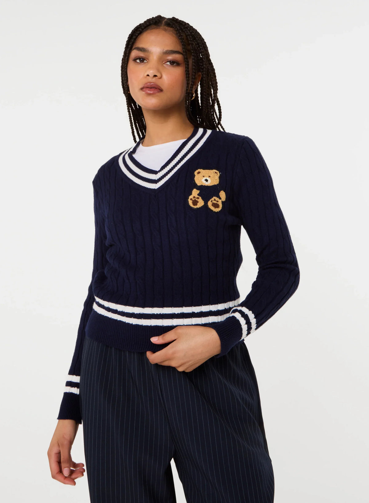 Contrast V-Neck Teddy Jumper
