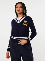 Contrast V-Neck Teddy Jumper
