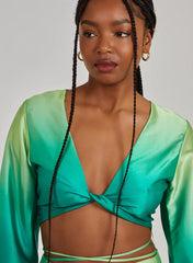 Twist Front Satin Long Sleeve Crop Top