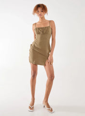 Linen Ruched Strappy Mini Dress
