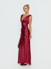 False Alarm Plunge Asymmetrical Pleat Maxi Dress Red