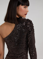 One Shoulder Ruched Sleeve Sparkle Dress