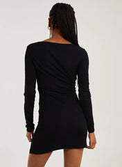 Ribbed Split Hem Square Neck Long Sleeve Dress