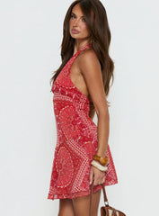 Alvira Halter Mini Dress Red Paisley
