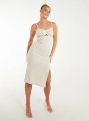 Ruched Linen Style Midi Dress
