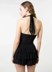 Lace Halter Neck Ruffle Playsuit
