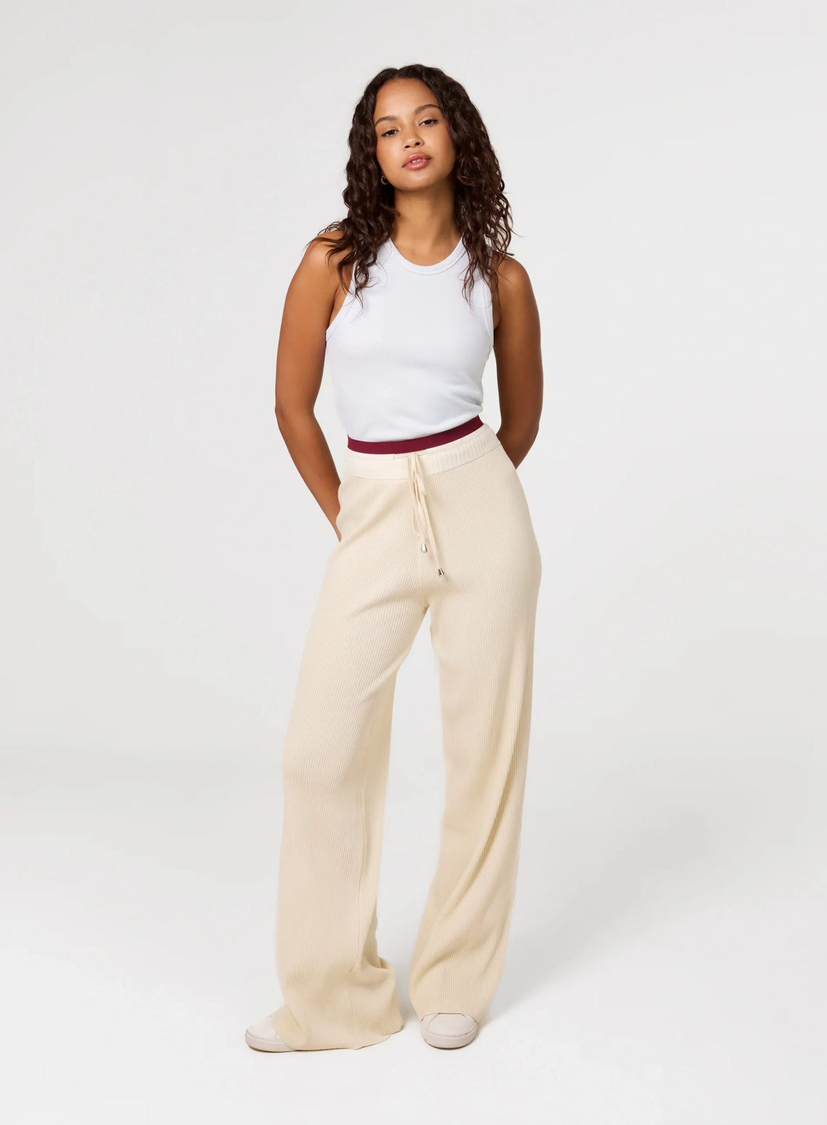 Ribbed Contrast Waist Wide Leg Joggers