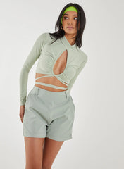 Keyhole Tie Front Long Sleeve Top