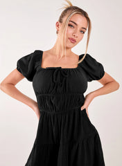 Crinkle Puff Sleeve Tiered Mini Dress