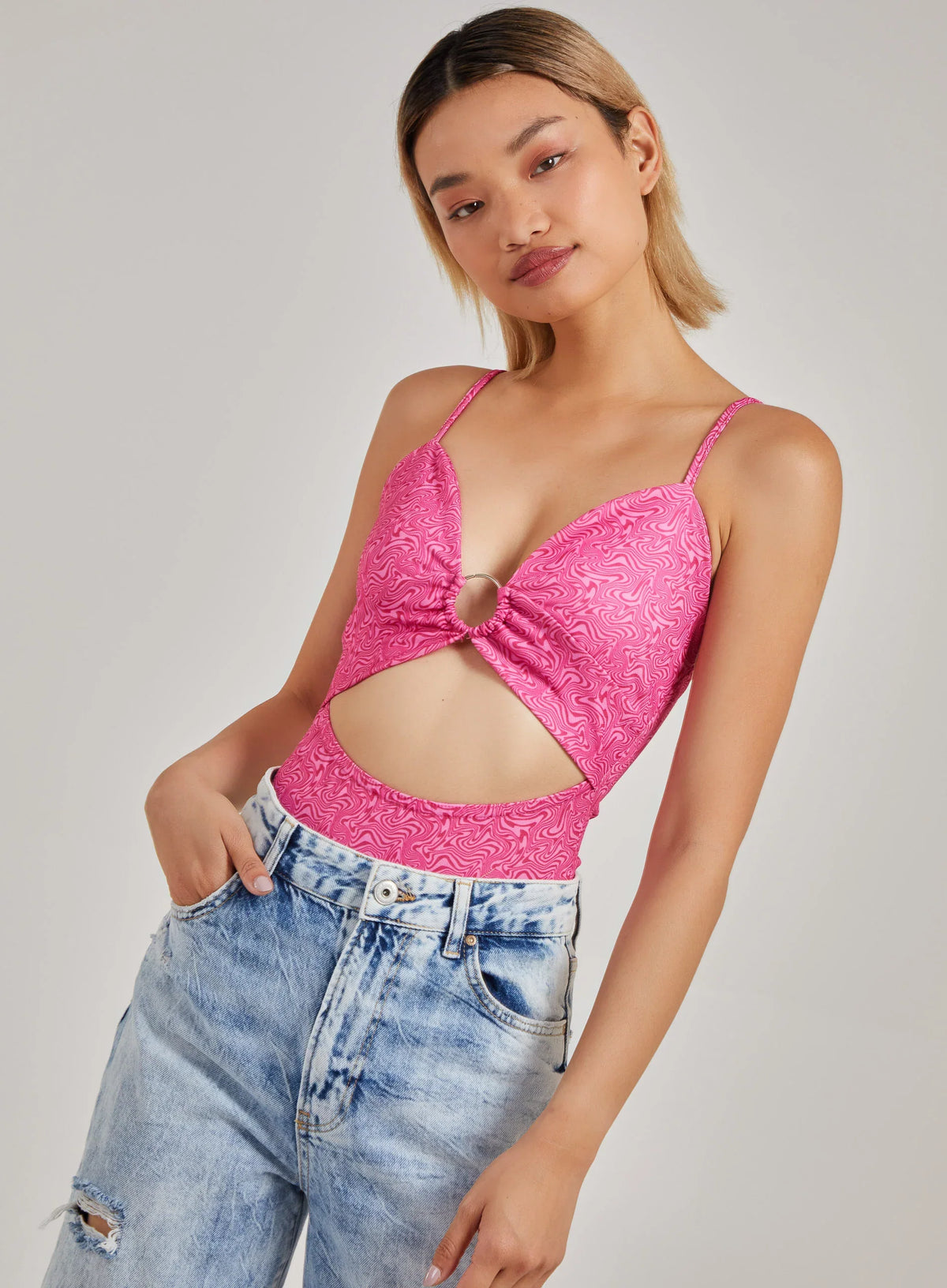 Printed Ring Detail Cut Out Bodysuit