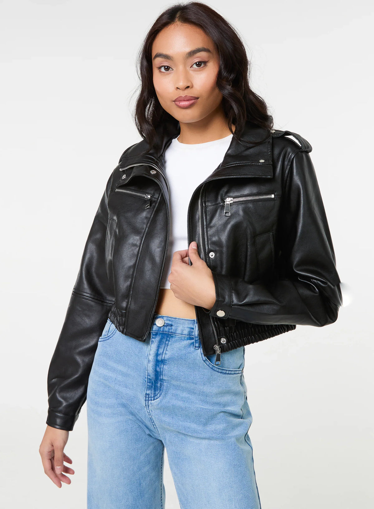 Pocket Detail PU Cropped Bomber Jacket