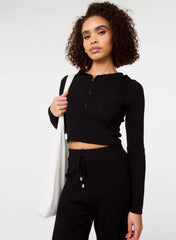 Ribbed Half Zip Hoodie And Wide Leg Set