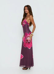 Kamina Beaded Halter Maxi Dress Plum Floral