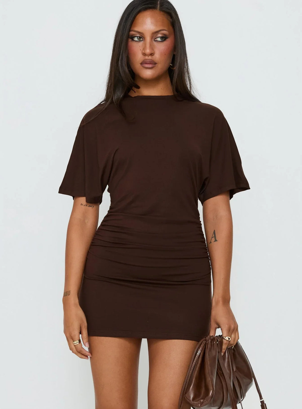 Hunni Ruched Shirt Mini Dress Brown