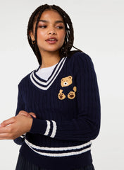 Contrast V-Neck Teddy Jumper