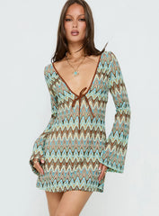 Rizario Long Sleeve Crochet Mini Dress Blue Multi