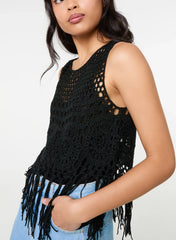 Tassel Hem Crochet Knit Top