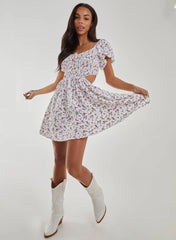 Floral Puff Sleeve Cut Out Dress