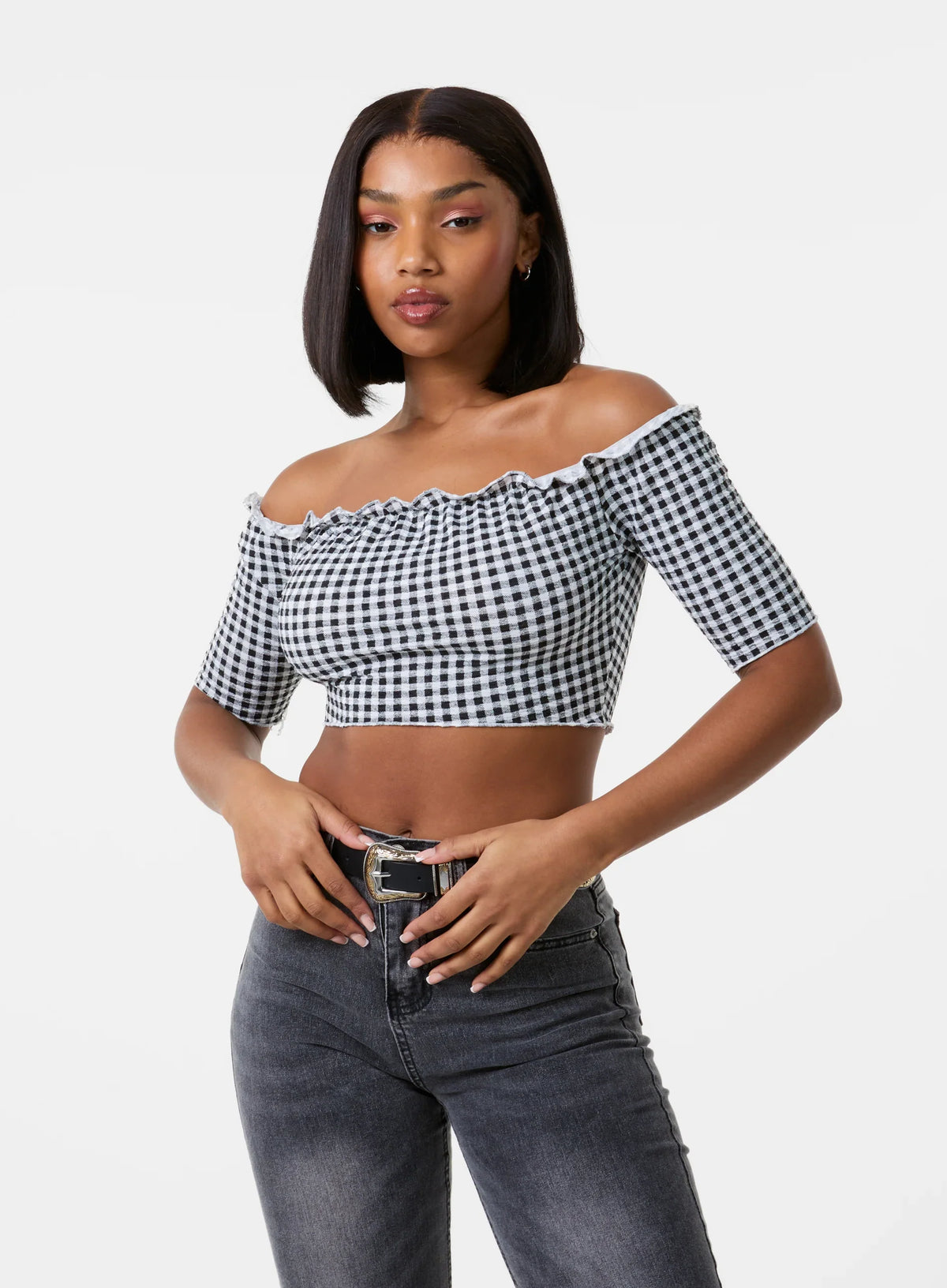 Frill Detail Gingham Bardot Top