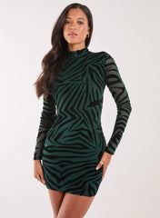 Flocked Zebra Long Sleeve Mini Dress