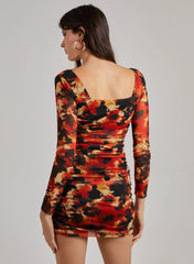 Ruched Smudge Print Long Sleeved Dress