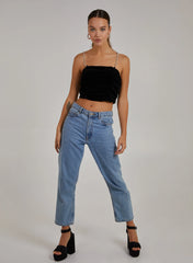 Velvet Rhinestone Straps Ruched Crop Top
