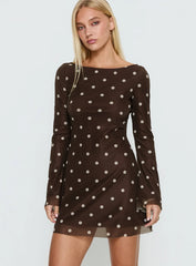 Lukea Long Sleeve Mini Dress Brown Polka Dot