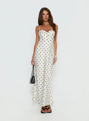 Costella Halter Satin Maxi Dress Cream Polka Dot