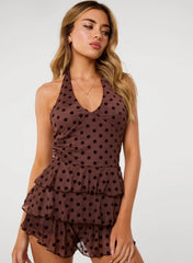 Polka Dot Flock Halter Neck Dress With Shorts