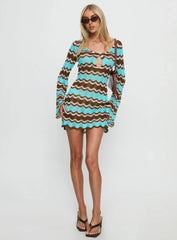 Suka Long Sleeve Knit Mini Dress Brown / Blue