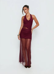 Desta Halter Sheer Maxi Dress Burgundy