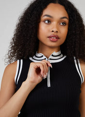 Half Zip Striped High Neck Sleeveless Crop Top