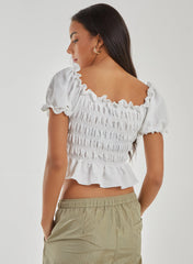 Ruched Puff Sleeve Frill Trim Top