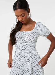 Puff Sleeve Polka Dot Tiered Mini Dress