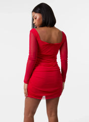 Long Sleeve Gathered Mesh Mini Dress