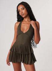 Halter Mesh Ruffle Playsuit