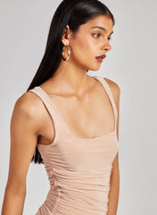 Square Neck Gathered Slinky Mini Dress
