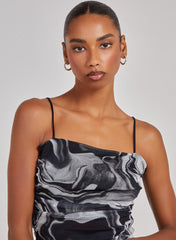 Mesh Marble Ruched Cami Strap Bodysuit