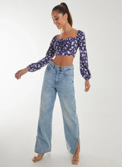 Floral Printed Milkmaid Long Balloon Sleeve Top
