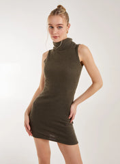 Brushed Sleeveless Polo Neck Mini Dress