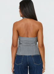 Puzzle Pieces Tie Detail Halter Top Black / White Gingham