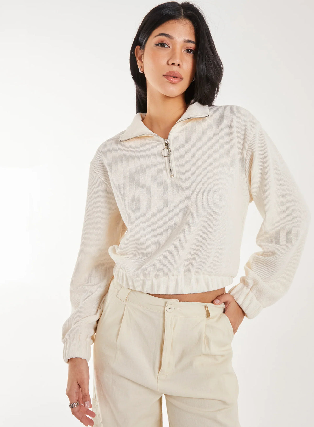 High Neck Zip Up Cropped Sweatshirt
